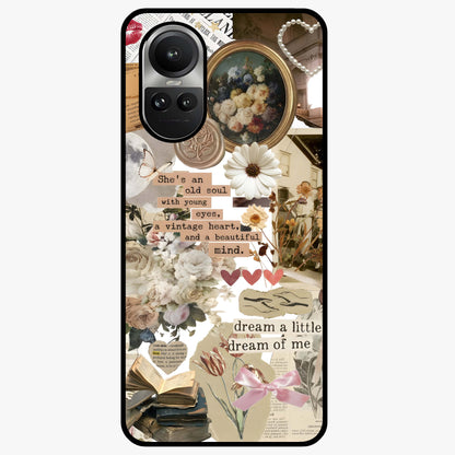 Aesthetic Brown Vintage Collage Glass Case showing flat back view with retro collage artwork and glossy glass finish.