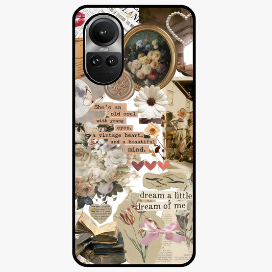 Aesthetic Brown Vintage Collage Glass Case showing flat back view with retro collage artwork and glossy glass finish.