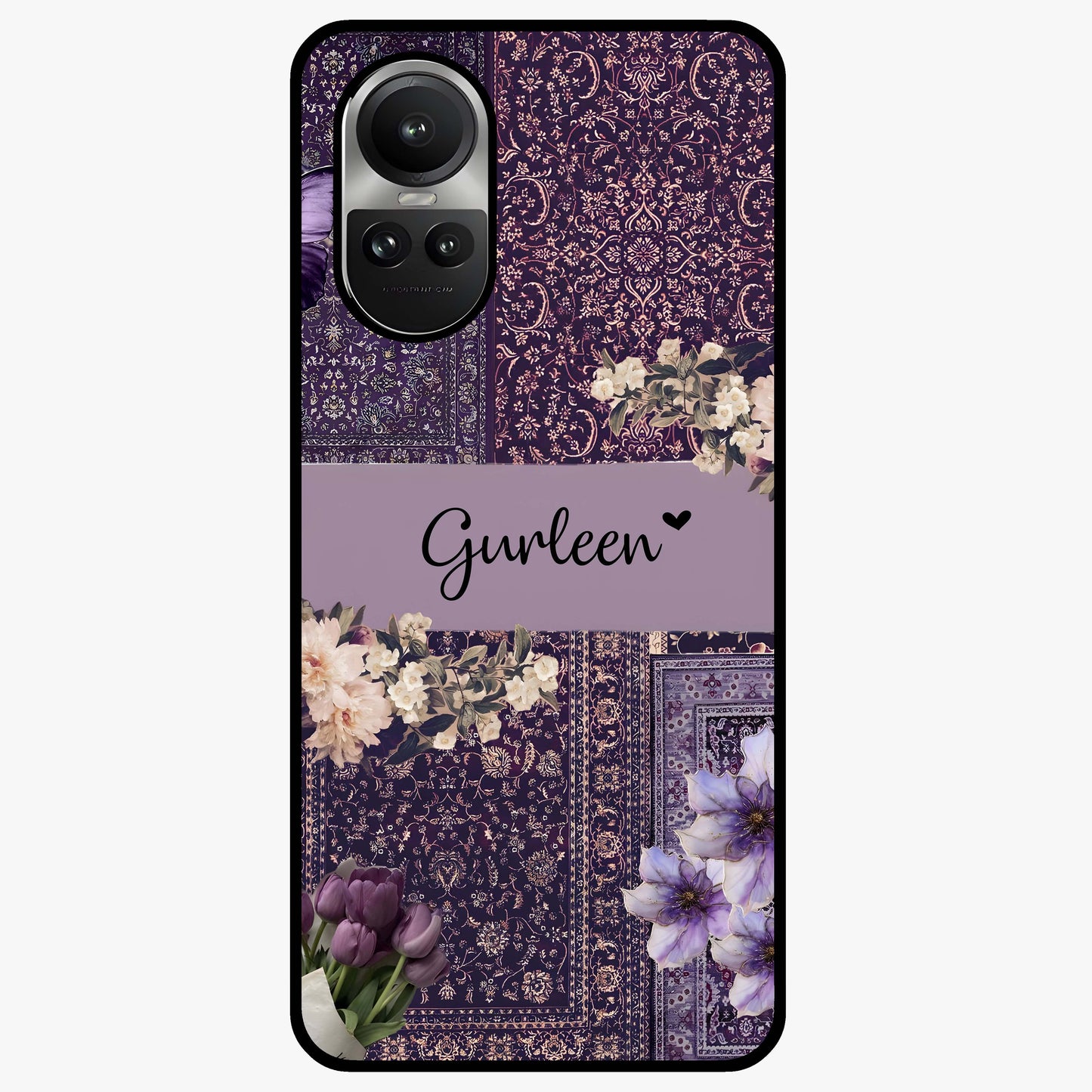 Antique Floral Whisper Custom Name Glass Case showing flat back view with vintage floral artwork and personalized name design.