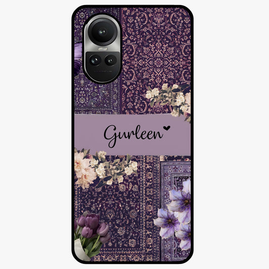 Antique Floral Whisper Custom Name Glass Case showing flat back view with vintage floral artwork and personalized name design.