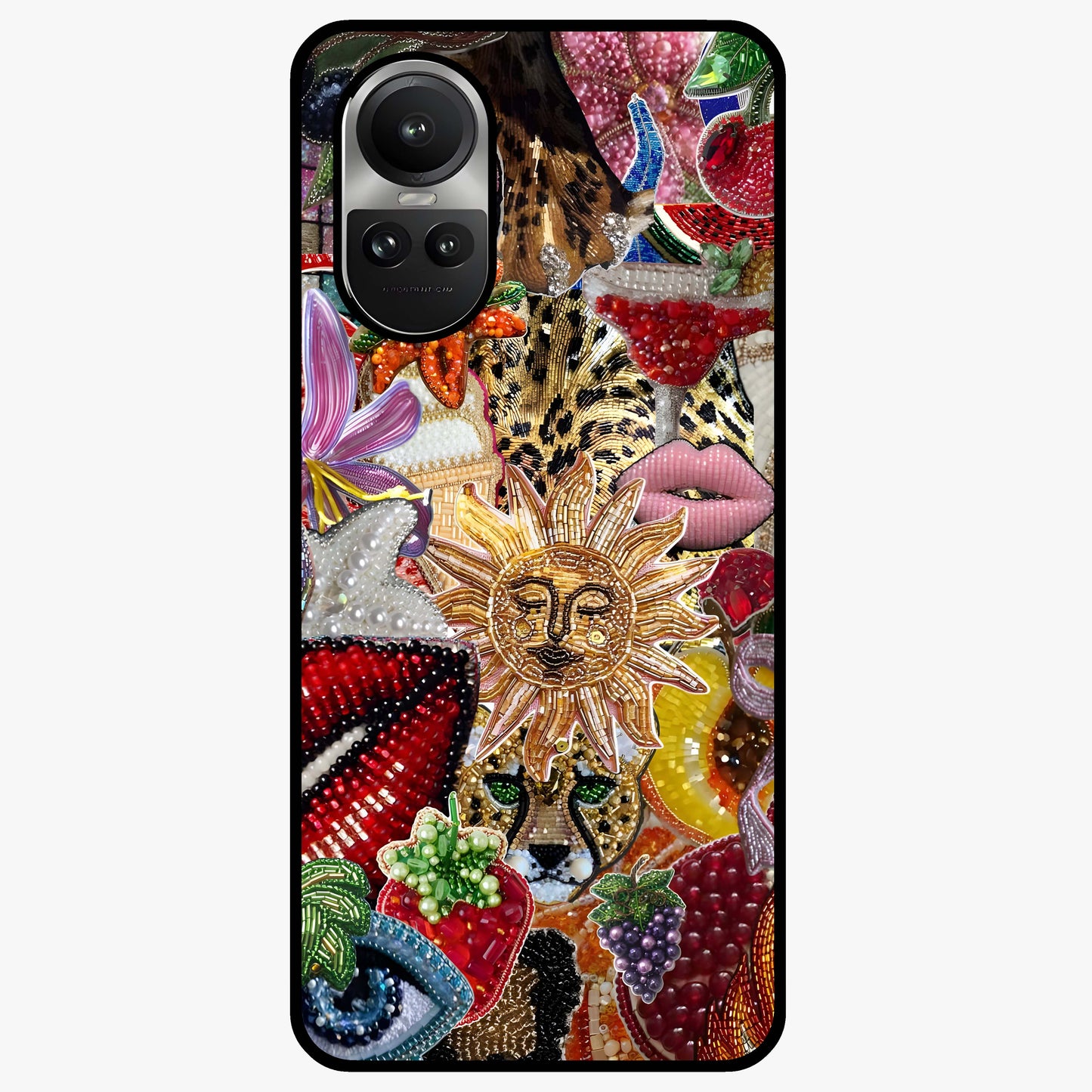 Beaded Fashion Jungle Glass Case showing flat back view with vibrant jungle inspired bead artwork and glossy glass finish.