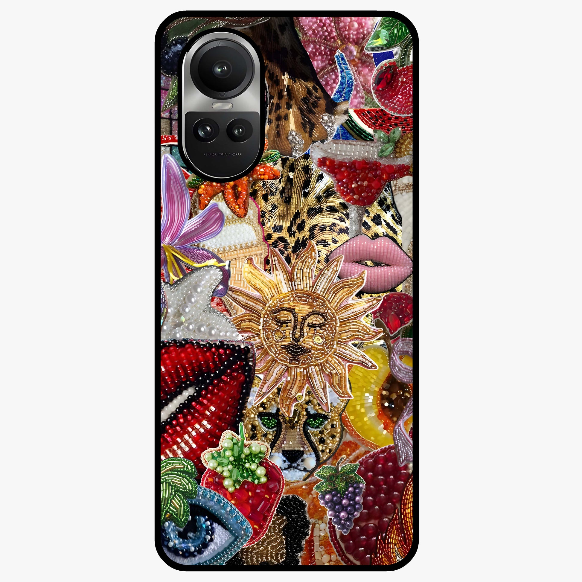 Beaded Fashion Jungle Glass Case showing flat back view with vibrant jungle inspired bead artwork and glossy glass finish.