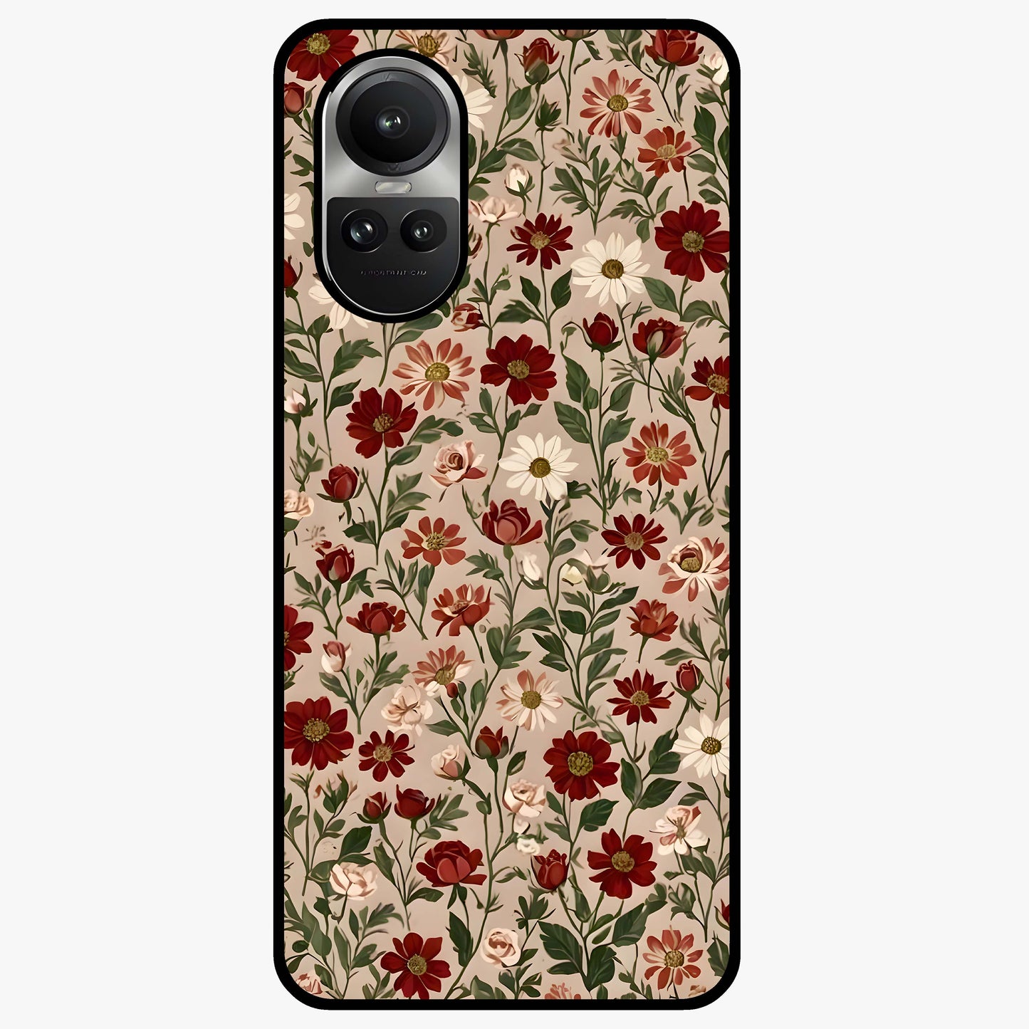 Biege Flower With Leaf Glass Case showing flat back view with soft beige floral artwork and glossy glass finish.