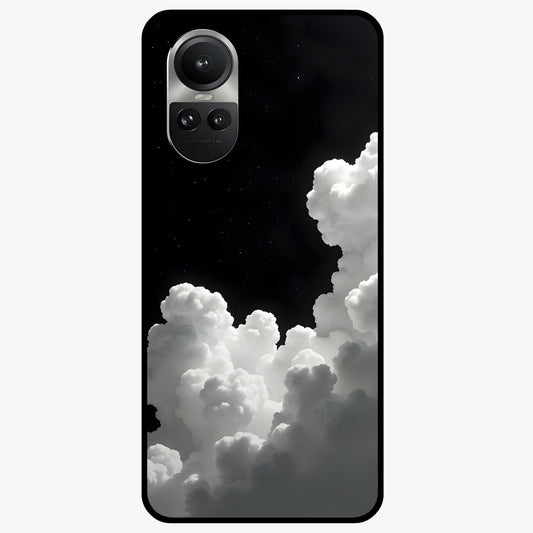 Black Background With White Cloud Glass Case showing flat back view with minimal cloud artwork on dark background and glossy glass finish.