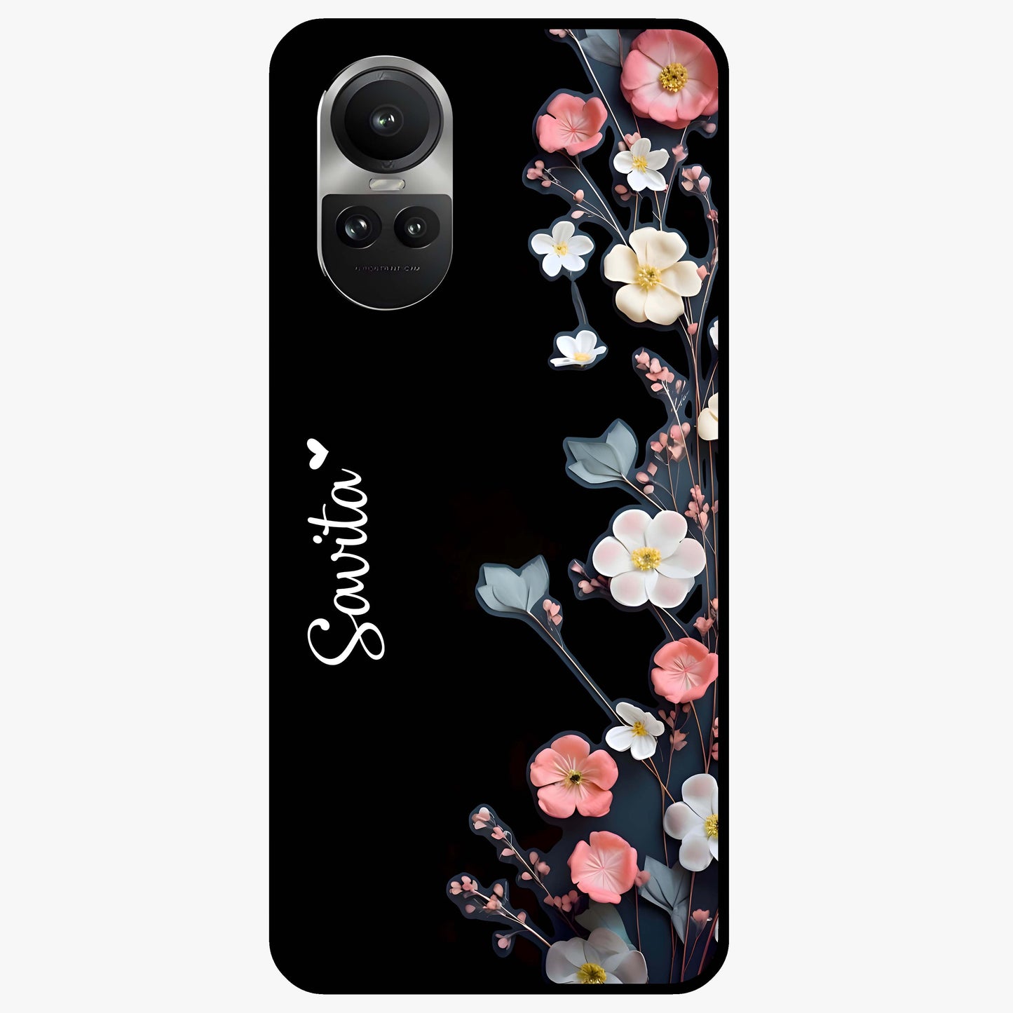 Black Elegance Floral Custom Name Glass Case showing flat back view with elegant floral artwork and personalized name design.