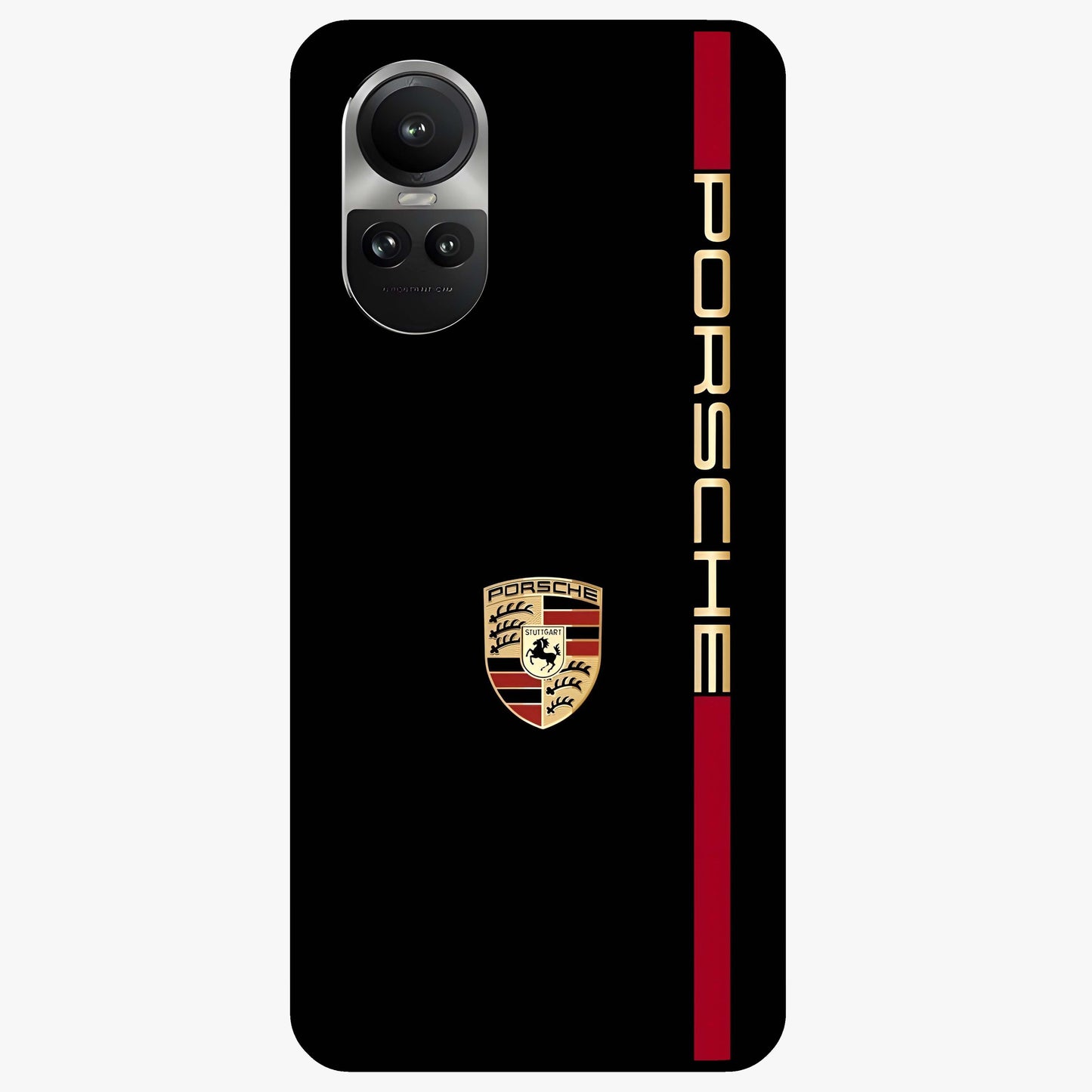 Black Minimal Porsche Glass Case showing flat back view with sleek minimal sports car artwork and glossy glass finish.