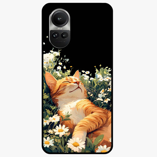 Blissful Bloom Cat Glass Case showing flat back view with cute cat and floral bloom artwork and glossy glass finish.