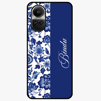 Blue Vintage Floral Pattern Glass Case upright view showcasing timeless floral illustration with vintage inspired style.