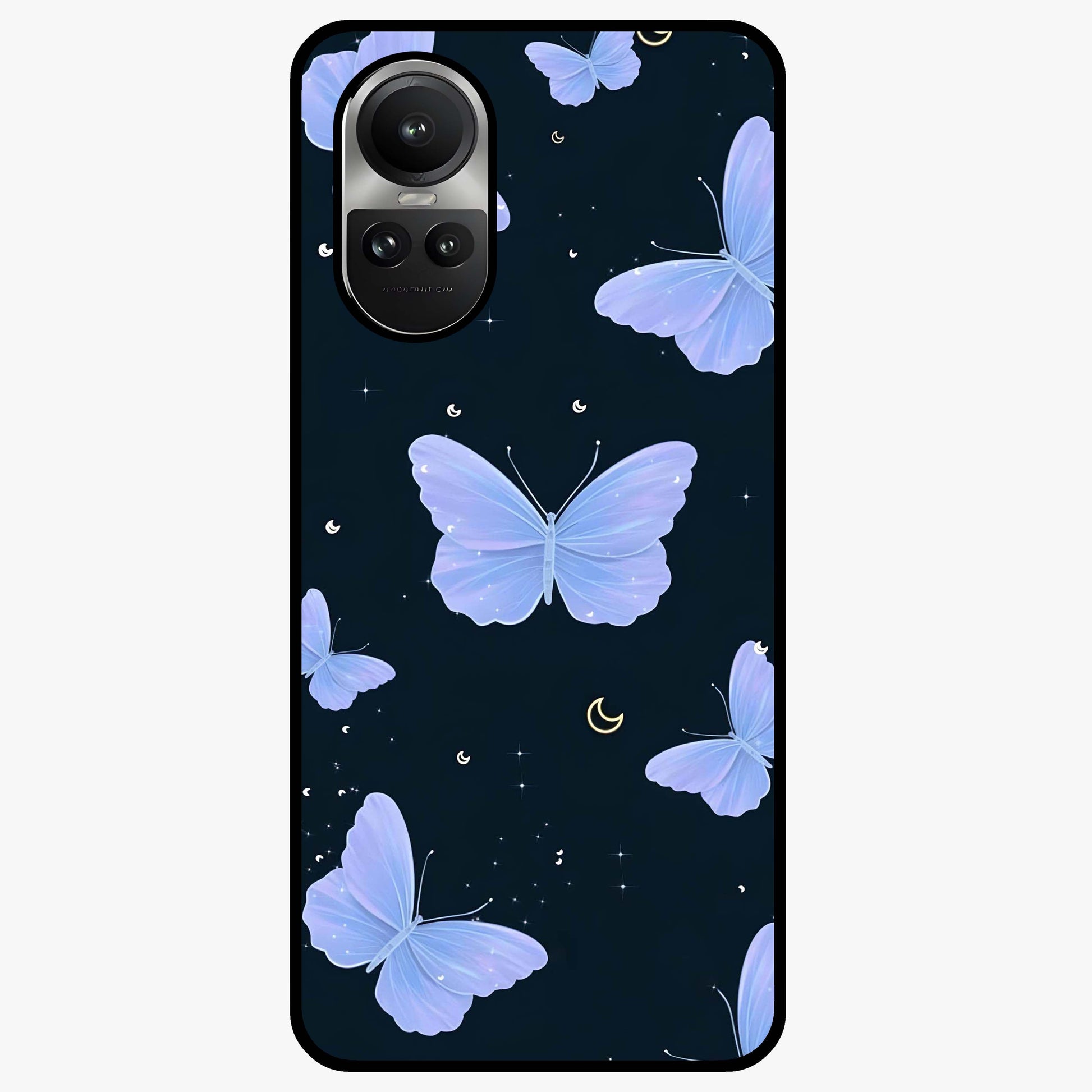 Butterfly With Stars Pattern Glass Case showing flat back view with butterfly and star pattern artwork and glossy glass finish.