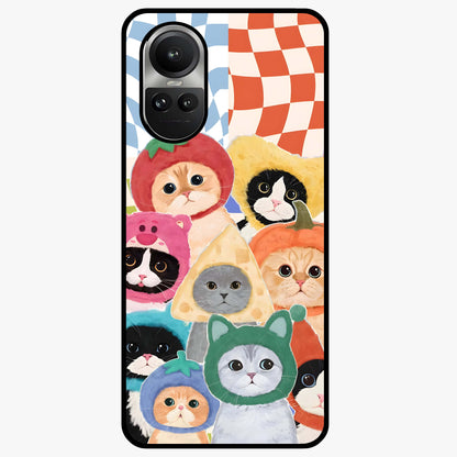 Cats in Fruits Glass Case showing flat back view with playful cat illustrations inside fruit artwork and glossy glass finish.