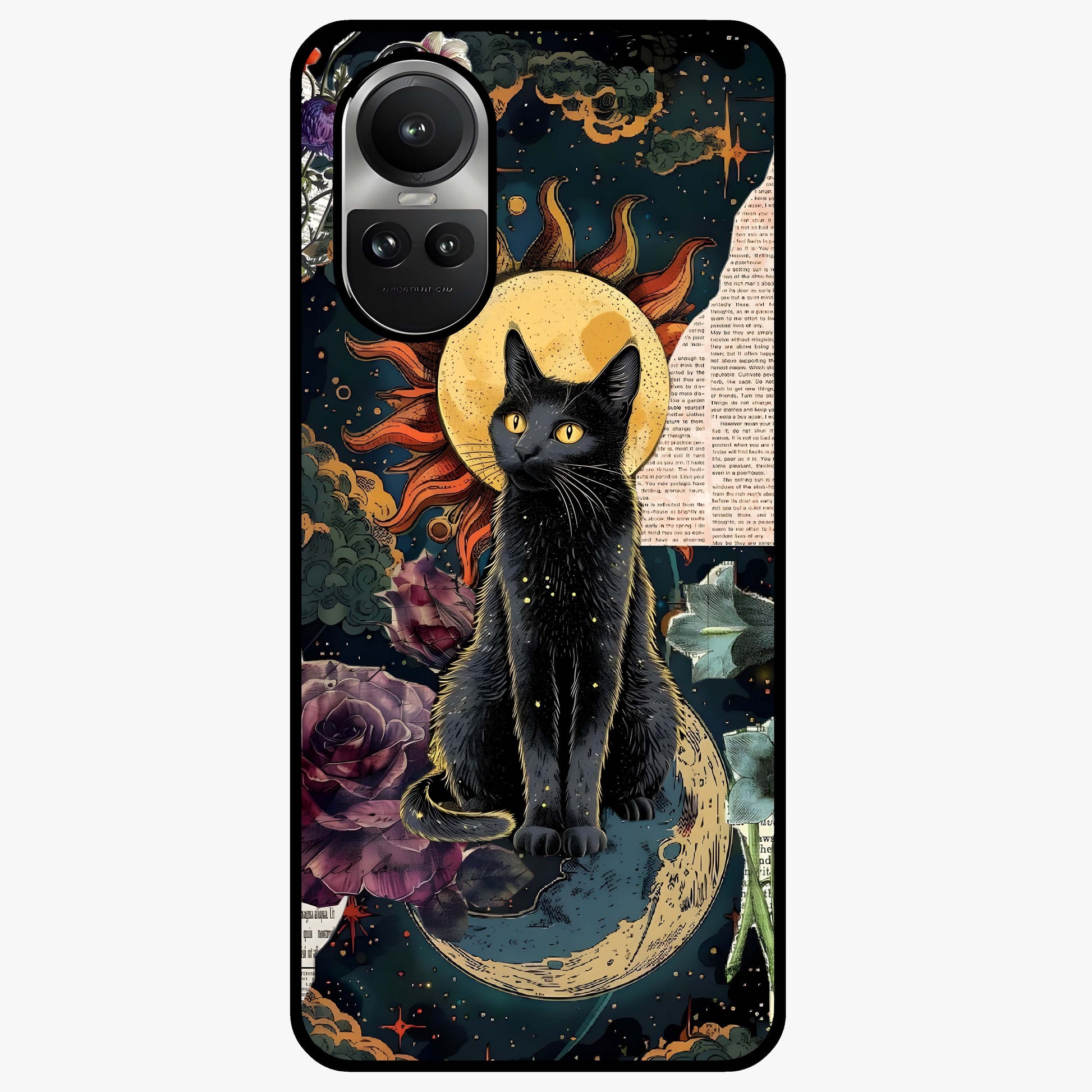 Celestial Black Cat Glass Case showing flat back view with mystical black cat artwork and glossy glass finish.