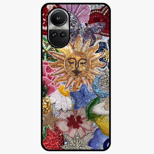 Celestial Floral and Playful Glass Case showing flat back view with floral and celestial themed artwork and glossy glass finish.