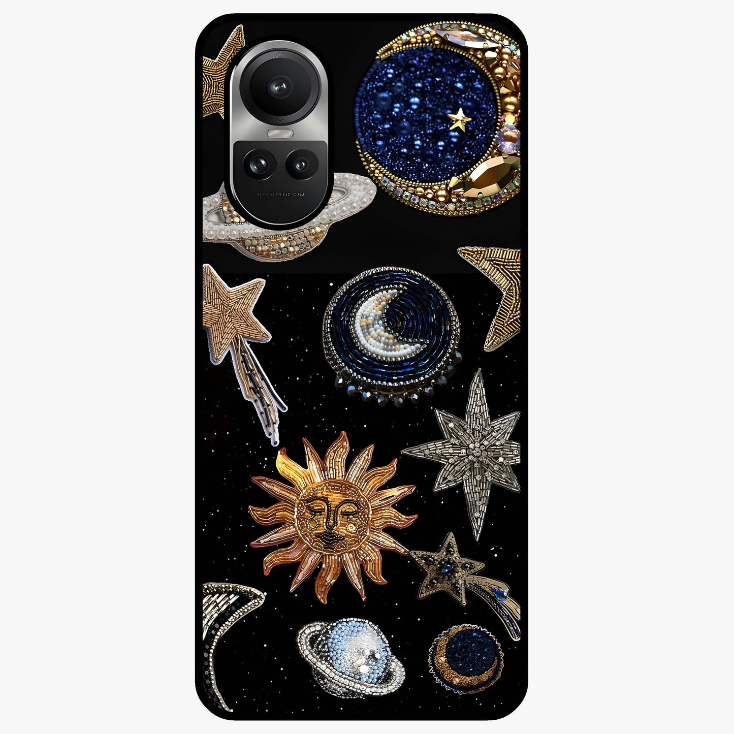 Celestial Gem Constellations Glass Case showing flat back view with sparkling constellation artwork and glossy glass finish.
