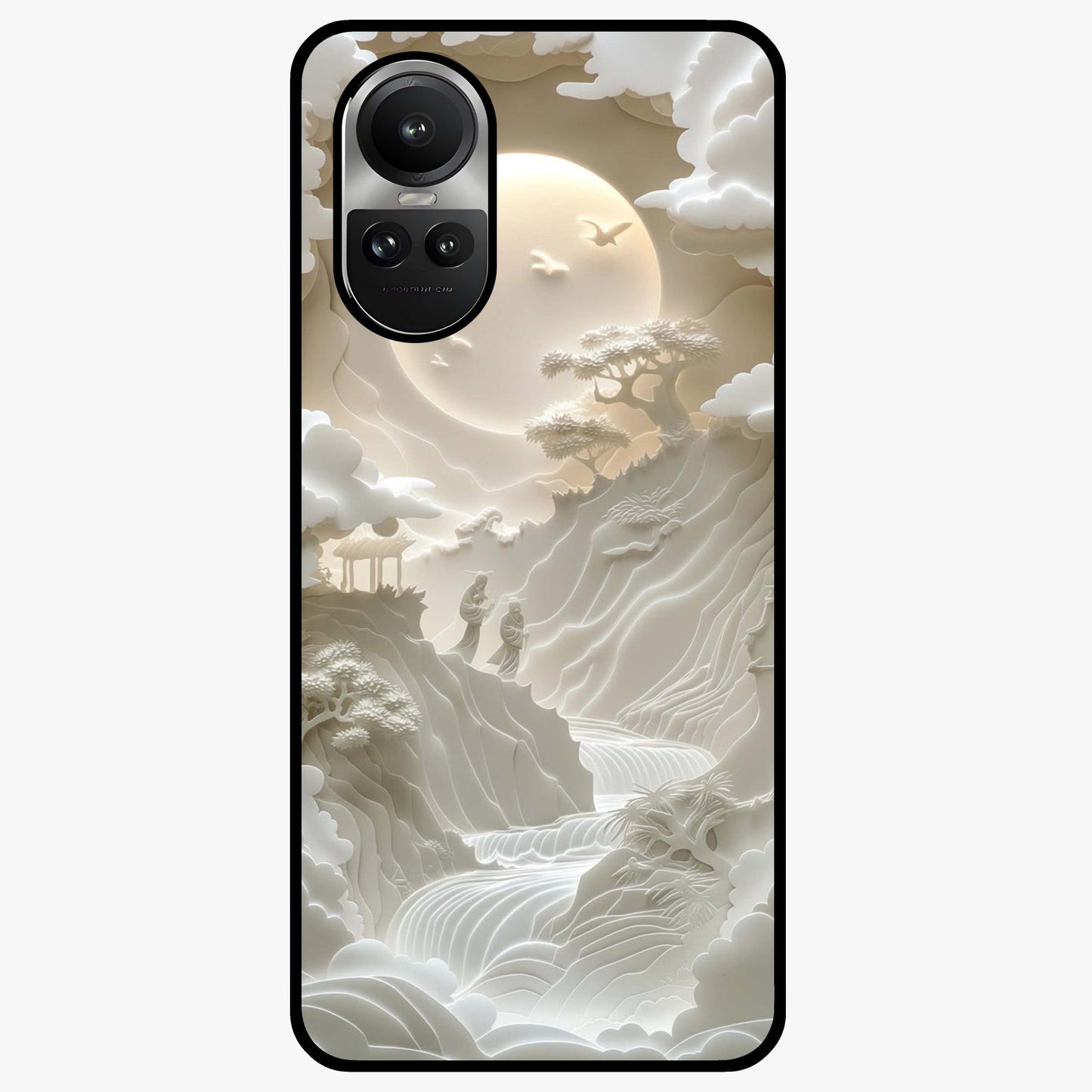 Celestial Origami Glass Case showing flat back view with artistic origami inspired celestial artwork and glossy glass finish.