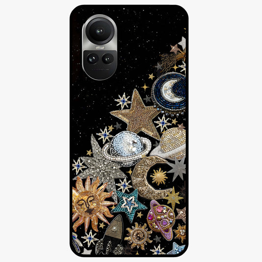 Cosmic Sparkle Dreams Glass Case showing flat back view with sparkling cosmic artwork and glossy glass finish.