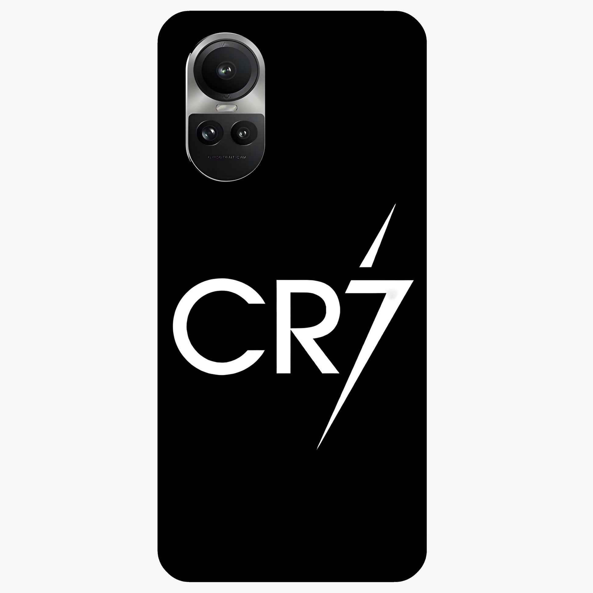 Cr7 Elite Strike Glass Case showing flat back view with dynamic football inspired artwork and glossy glass finish.