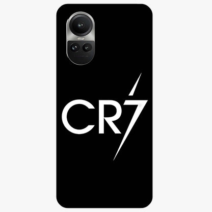 Cr7 Elite Strike Glass Case showing flat back view with dynamic football inspired artwork and glossy glass finish.