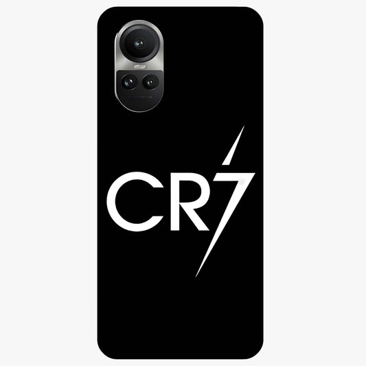 Cr7 Elite Strike Glass Case showing flat back view with dynamic football inspired artwork and glossy glass finish.