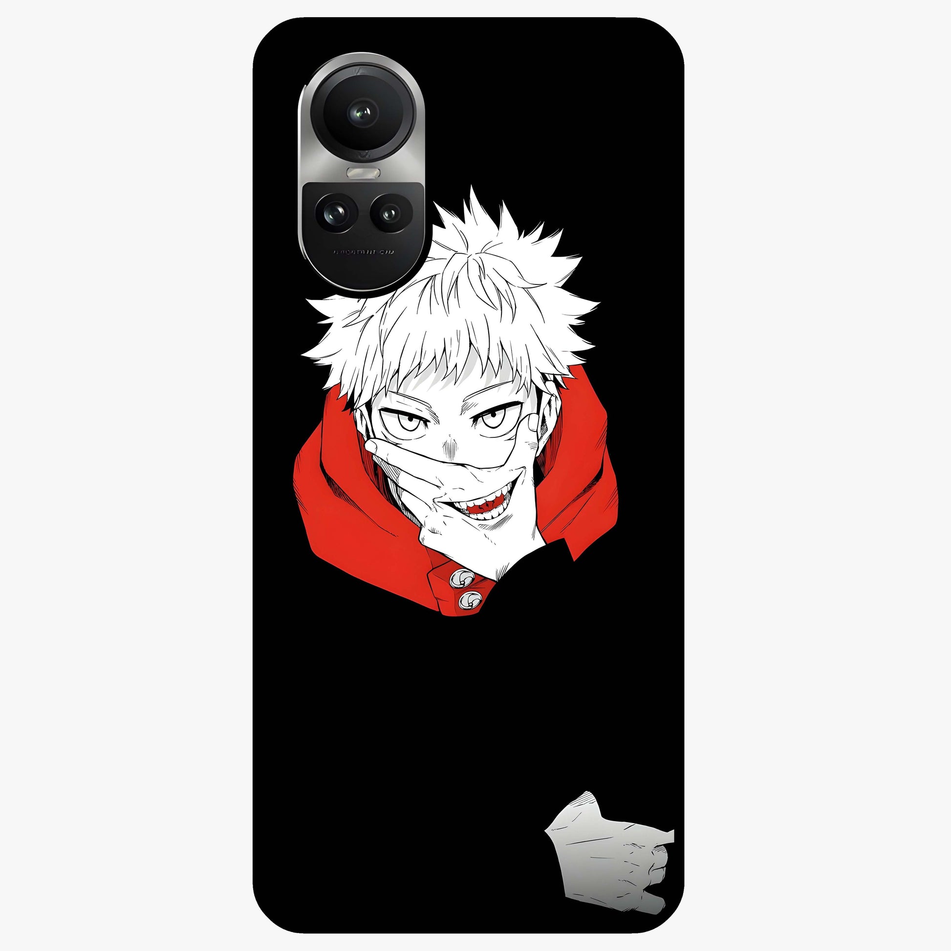 Crimson Chaos Smile Glass Case showing flat back view with bold chaotic smile artwork and glossy glass finish.