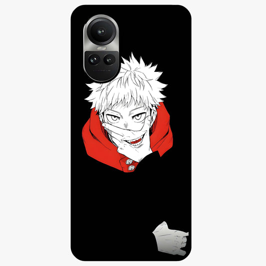 Crimson Chaos Smile Glass Case showing flat back view with bold chaotic smile artwork and glossy glass finish.