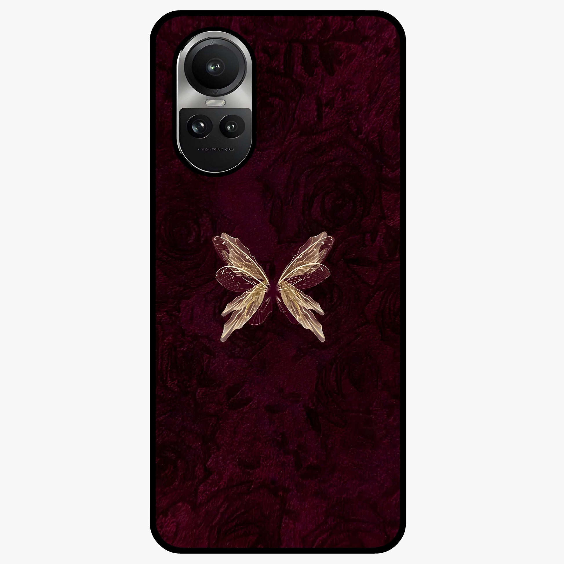 Crimson Fade Butterfly Glass Case showing flat back view with fading butterfly artwork and glossy glass finish.