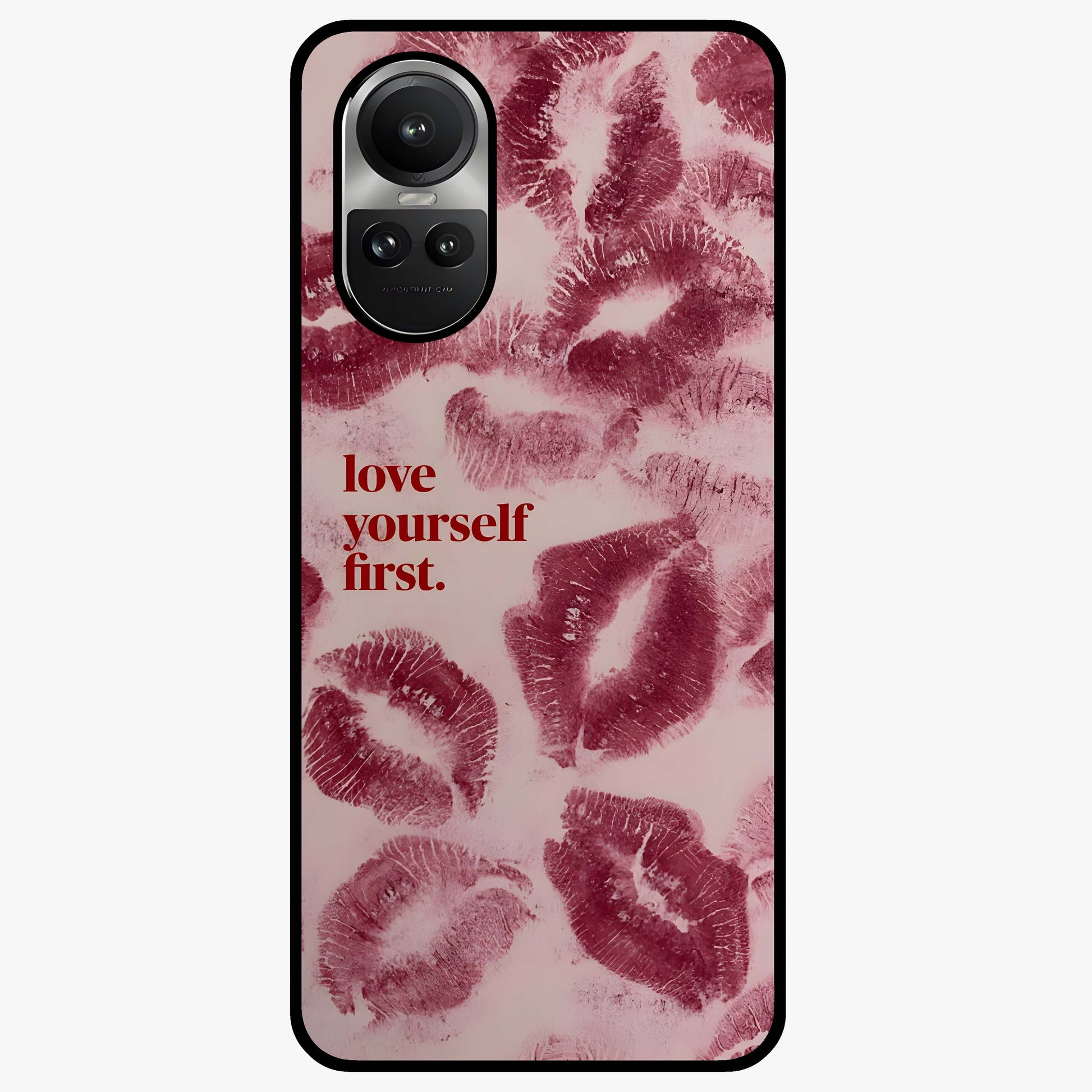 Crimson Kiss Love Glass Case showing flat back view with romantic crimson themed artwork and glossy glass finish.