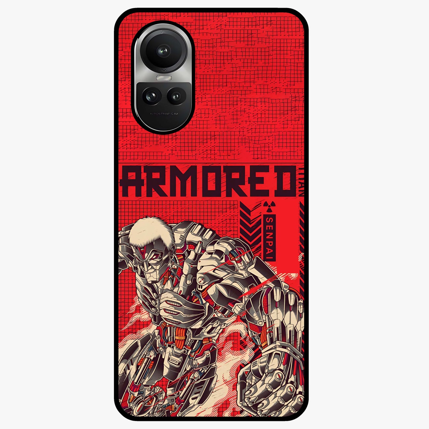 Crimson Mecha Titan Glass Case showing flat back view with powerful mech titan artwork and glossy glass finish.