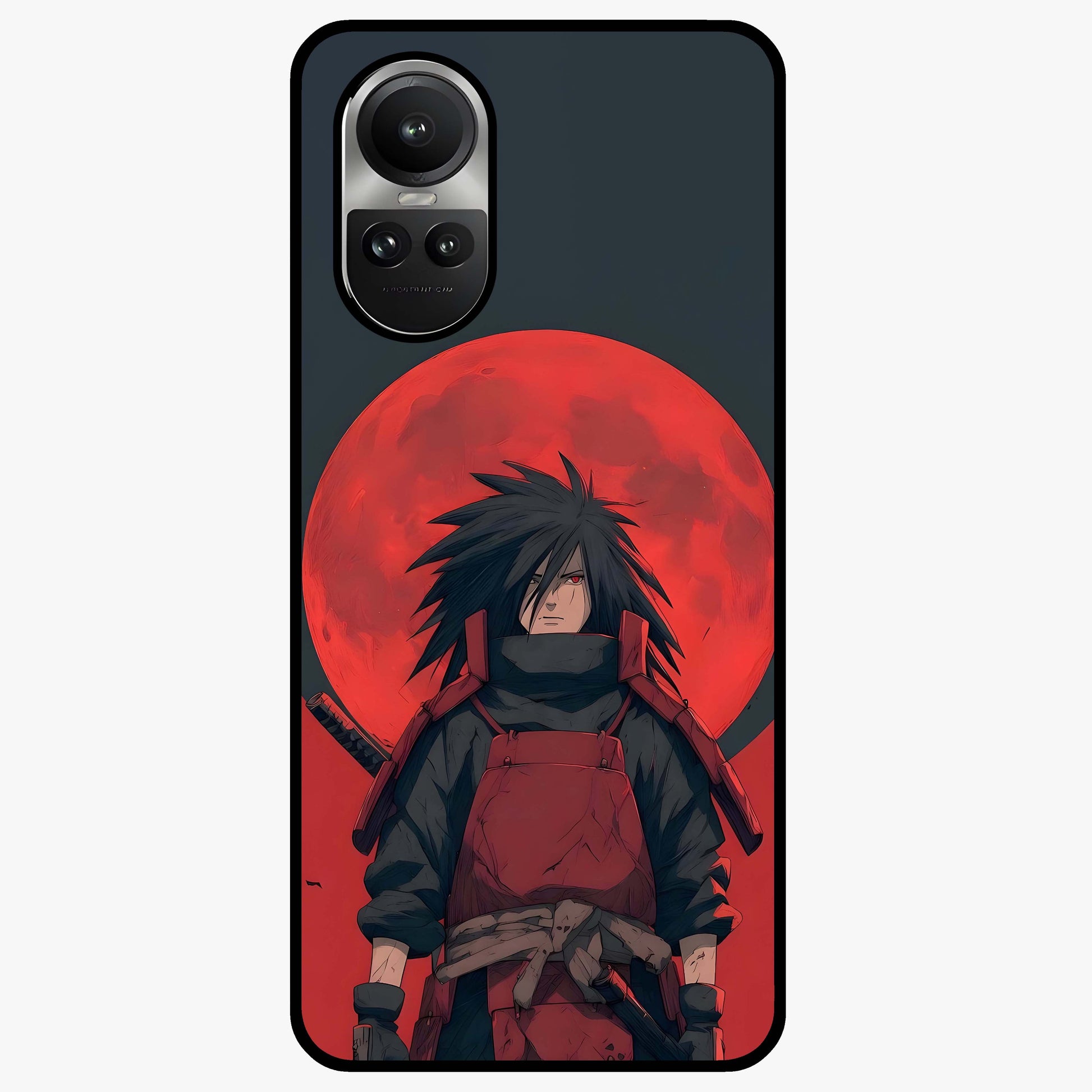 Crimson Moon Warlord Glass Case showing flat back view with mystical moon warrior artwork and glossy glass finish.