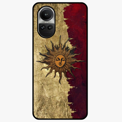 Crimson Sun Majesty Glass Case showing flat back view with radiant sun inspired artwork and glossy glass finish.