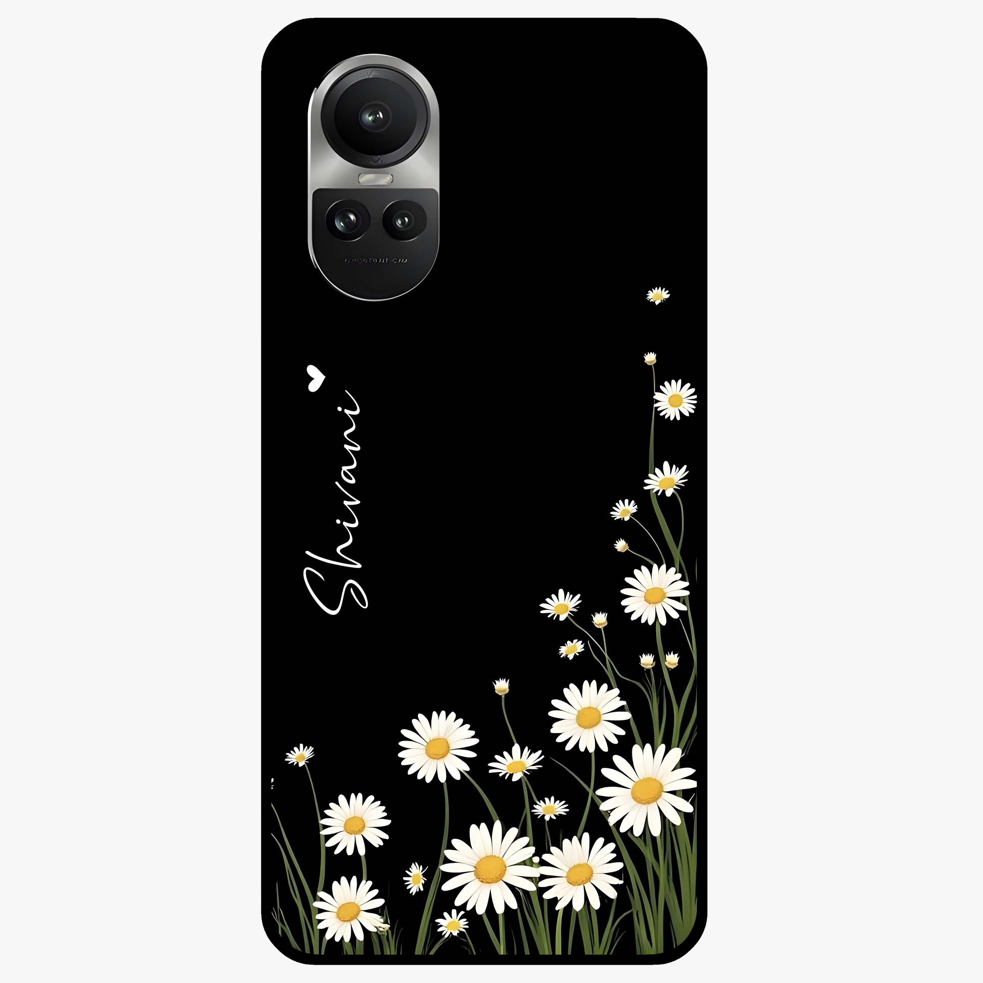 Daisy Cascade Custom Name Glass Case showing flat back view with cascading daisy flowers and personalized name design.