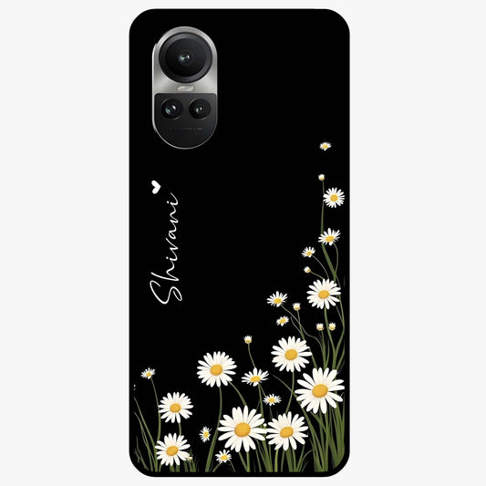 Daisy Cascade Custom Name Glass Case showing flat back view with cascading daisy flowers and personalized name design.