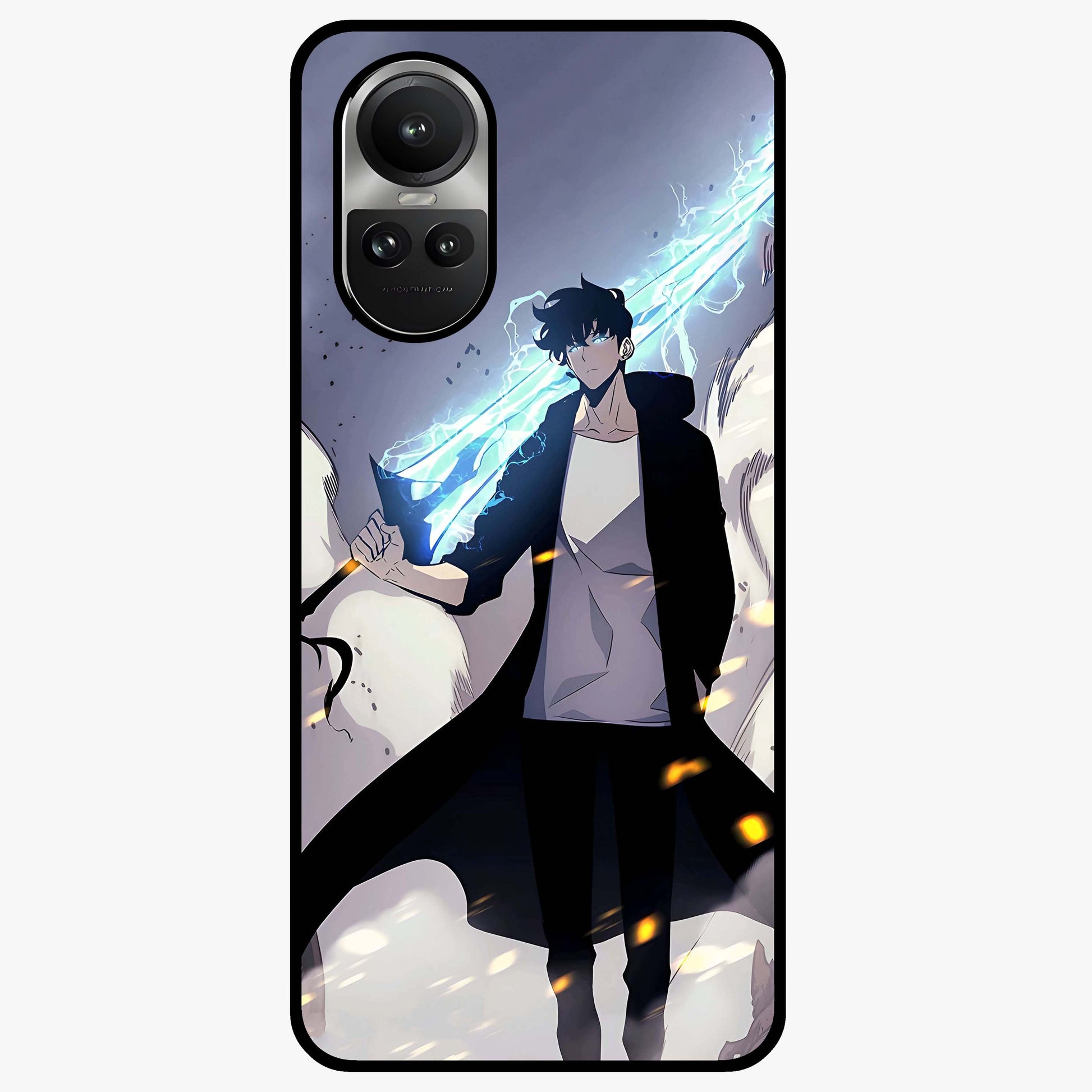 Dark Lightning Anime Warrior Glass Case showing flat back view with intense anime warrior artwork and glossy glass finish.