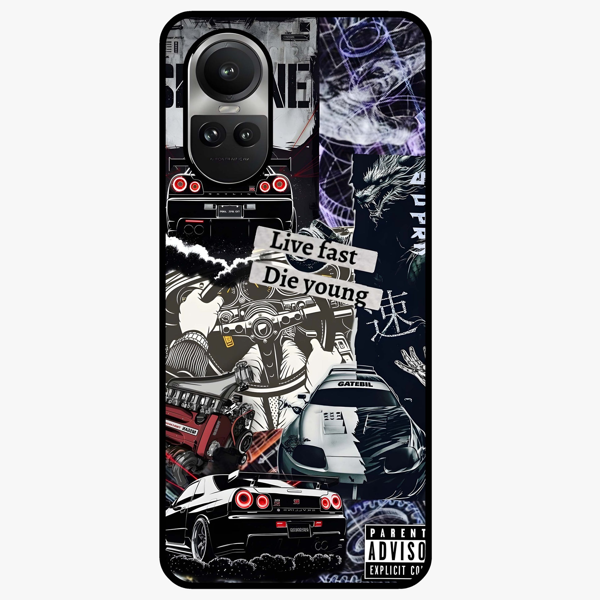 Die Young Glass Case showing flat back view with bold artistic typography design and glossy glass finish.