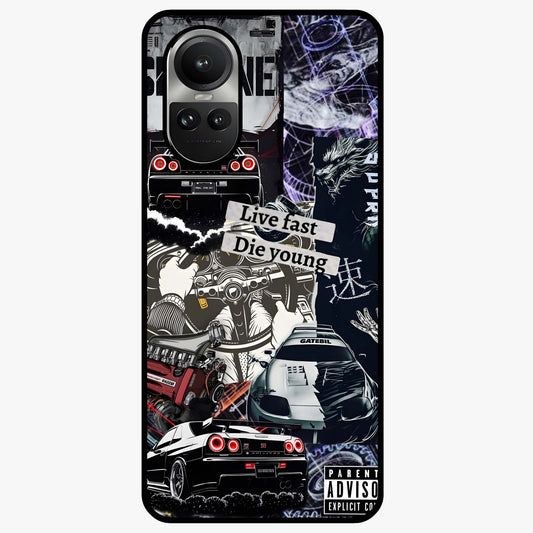 Die Young Glass Case showing flat back view with bold artistic typography design and glossy glass finish.