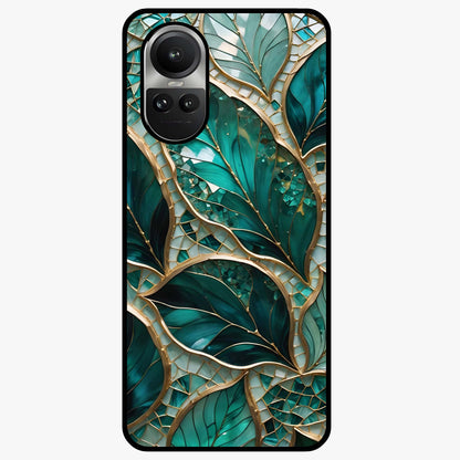 Emerald Leaf Glass Glass Case showing flat back view with emerald green leaf artwork and glossy glass finish.