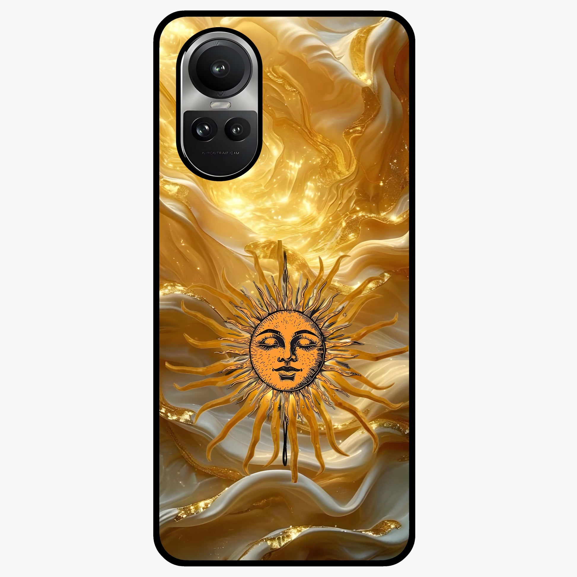 Eternal Golden Glow Glass Case showing flat back view with radiant golden themed artwork and glossy glass finish.