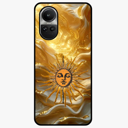 Eternal Golden Glow Glass Case showing flat back view with radiant golden themed artwork and glossy glass finish.