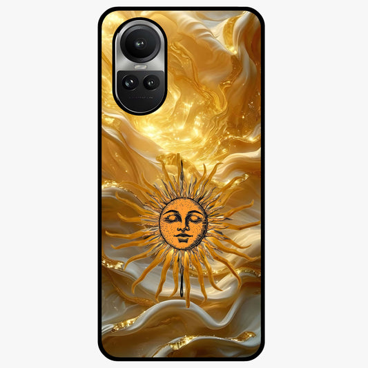 Eternal Golden Glow Glass Case showing flat back view with radiant golden themed artwork and glossy glass finish.