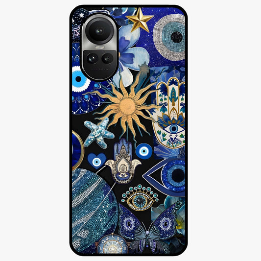 Evil Eye Charm Mix Glass Case showing flat back view with multiple evil eye charms artwork and glossy glass finish.
