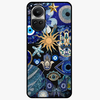 Evil Eye Charm Mix Glass Case showing flat back view with multiple evil eye charms artwork and glossy glass finish.