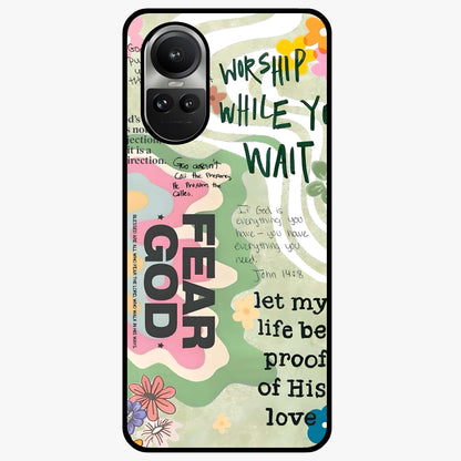 Faith Over Fear Glass Case showing flat back view with motivational typography artwork and glossy glass finish.