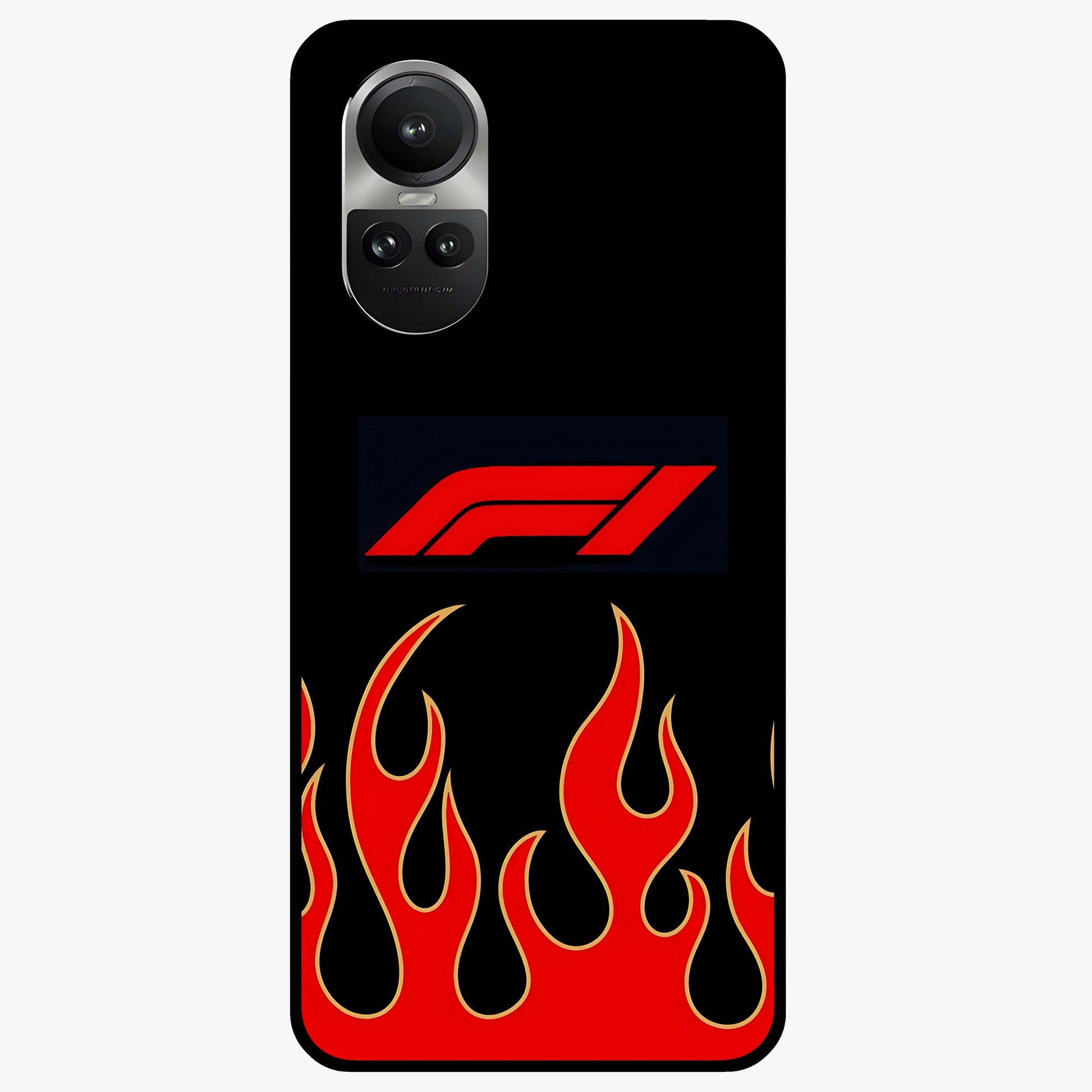 Fire F11 Glass Case showing flat back view with fiery themed artwork and glossy glass finish.