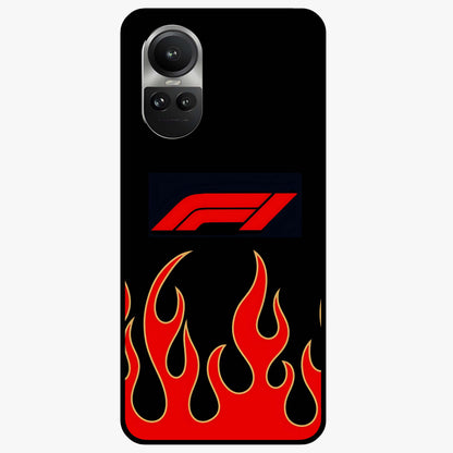 Fire F11 Glass Case showing flat back view with fiery themed artwork and glossy glass finish.