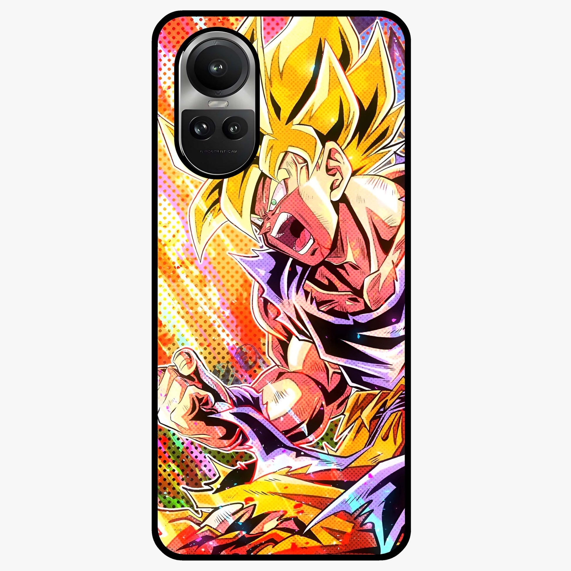 Firing Goku Glass Case showing flat back view with powerful anime inspired artwork and glossy glass finish.