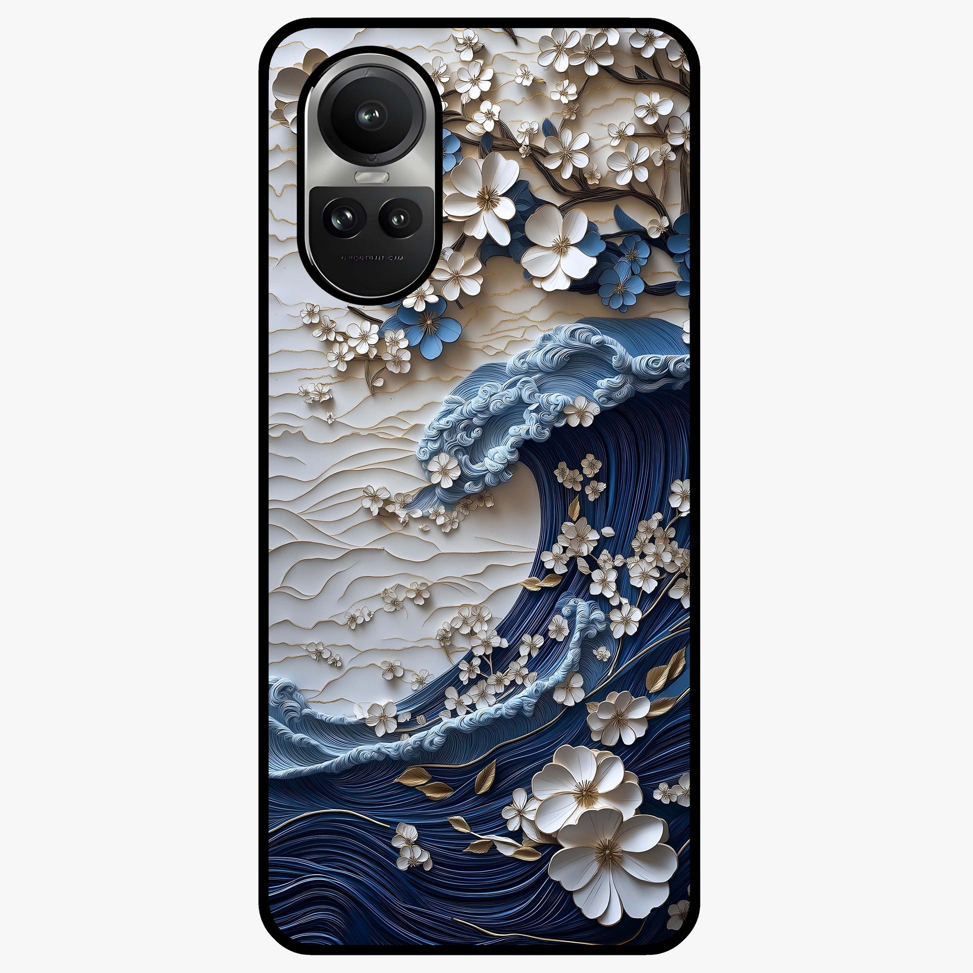 Floral Wave Origami Glass Case showing flat back view with origami inspired floral wave artwork and glossy glass finish.