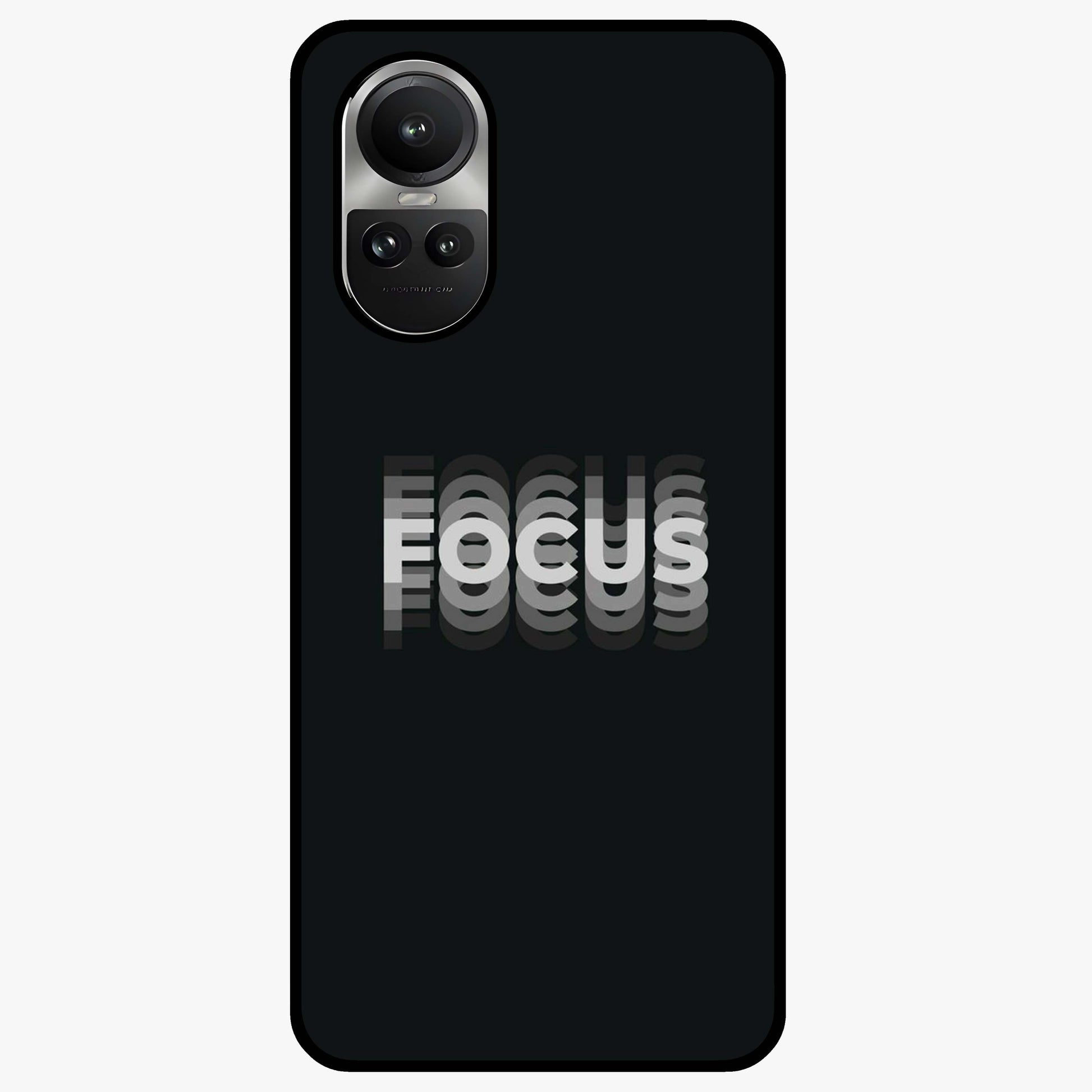 Focus Mode On Glass Case showing flat back view with bold motivational typography design and glossy glass finish.