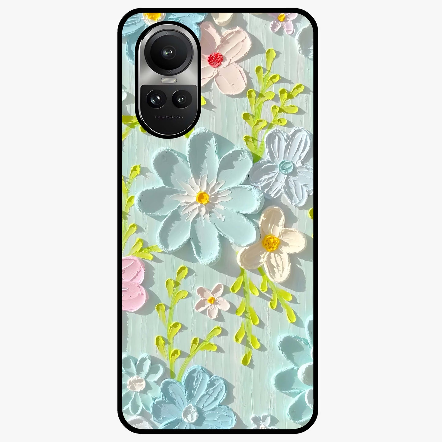 Frosted Petal Garden Glass Case showing flat back view with soft frosted floral artwork and glossy glass finish.