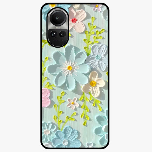 Frosted Petal Garden Glass Case showing flat back view with soft frosted floral artwork and glossy glass finish.