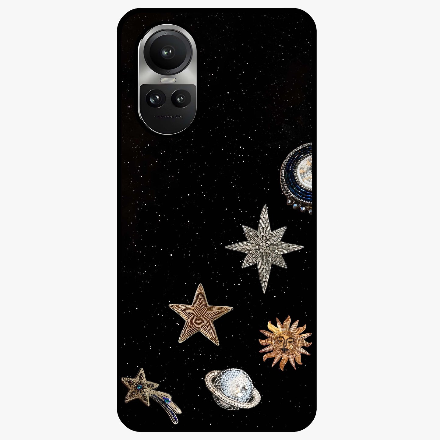 Galactic Charm Glow Glass Case showing flat back view with glowing celestial charm artwork and glossy glass finish.