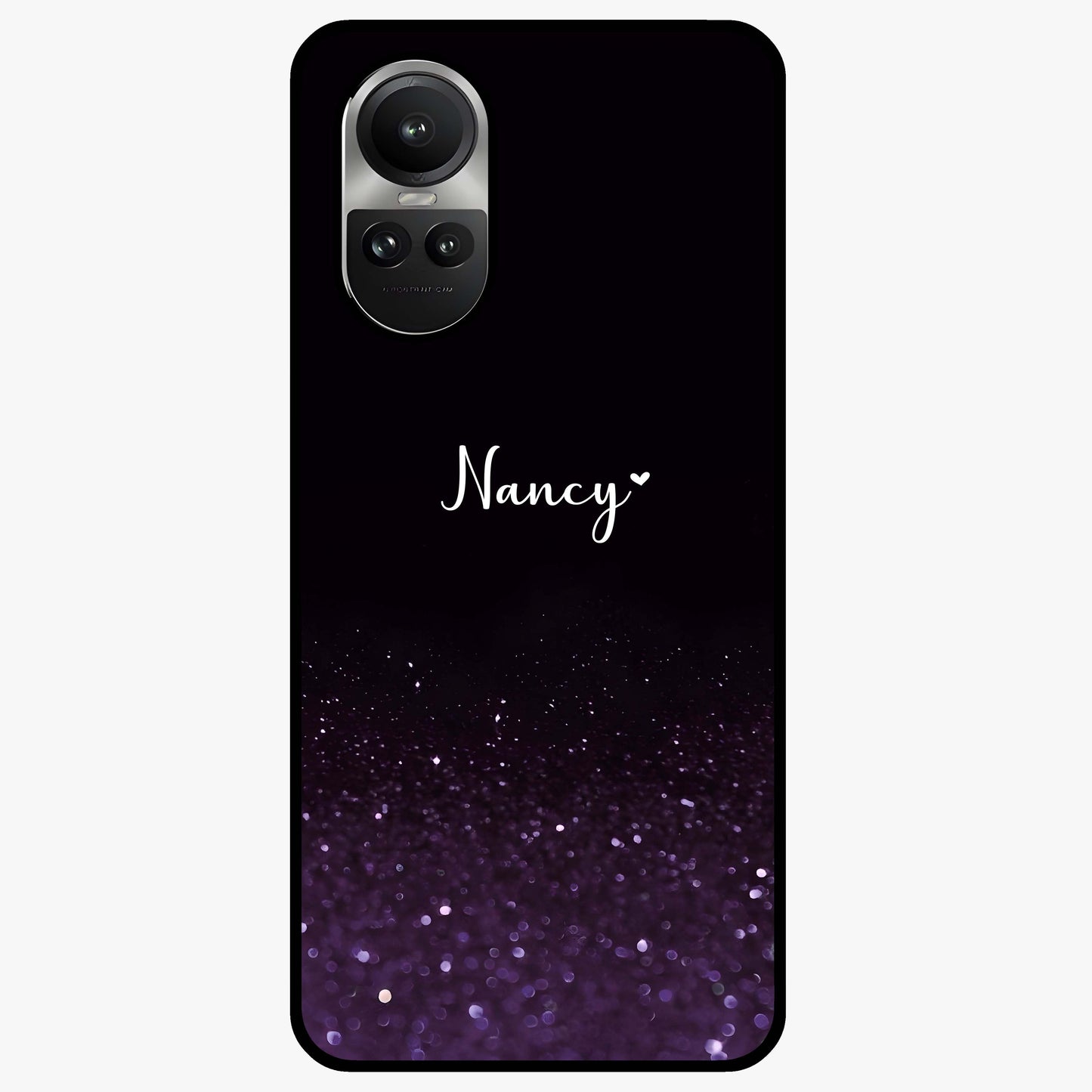 Glittery Purple Bokeh Custom Name Glass Case showing flat back view with purple bokeh sparkle artwork and personalized name design.